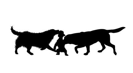 Vector silhouette of group of dogs. Symbol of animal friends on white background. Funny activities.