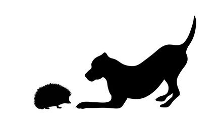 Vector silhouette of couple of dog and hedgehog. Symbol of animal friends on white background.
