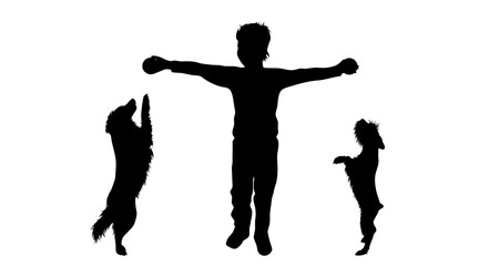 Vector silhouette of child who play with dogs on white background. Symbol of friends and funny activities.
