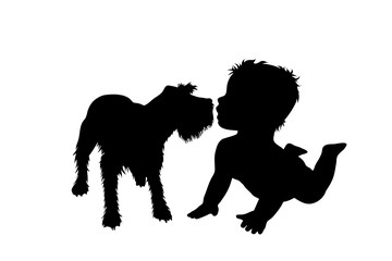 Vector silhouette of baby who plays with dog on white background. Symbol of friends.