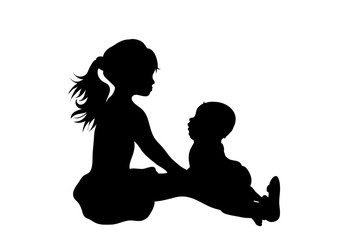 Vector silhouette of children who plays together on white background. Symbol of siblings, family, friends.
