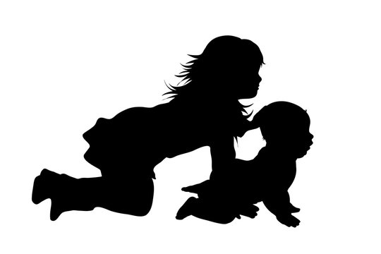 Vector silhouette of children who plays together on white background. Symbol of siblings, family, friends.