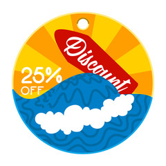 Surfboard on a summer sale label - Vector