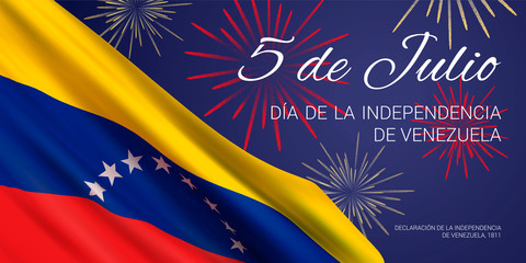 Vector banner design template with flag of Venezuela, fireworks, and text on blue background. Translation: 