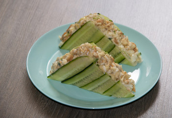 Sandwich with tuna, cottage cheese, egg and cucumber