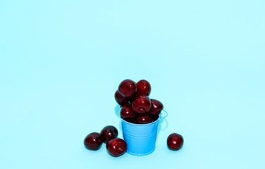 Fresh cherry in blue bucket on blue paper background. Fresh ripe cherries. Sweet cherries.
