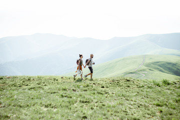Obraz premium Couple walking with backpacks on the green meadow, traveling in the mountains during the summer time, wide landscape view