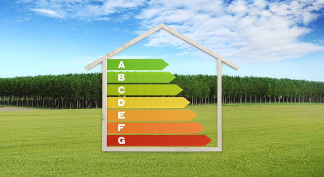 house shape and energy efficiency chart symbol, isolated on nature background, green buildings and save energy eco sustainability