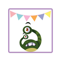 square frame of monster with bulging eyes and garlands party