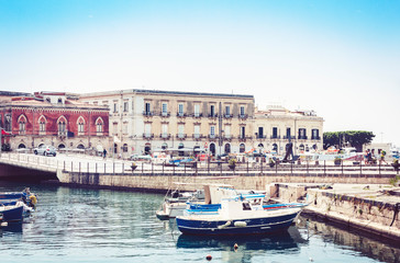 Fototapeta premium square near old port in Syracuse (Siracusa), Sicily, Italy, seafront of Ortygia (Ortigia) Island.