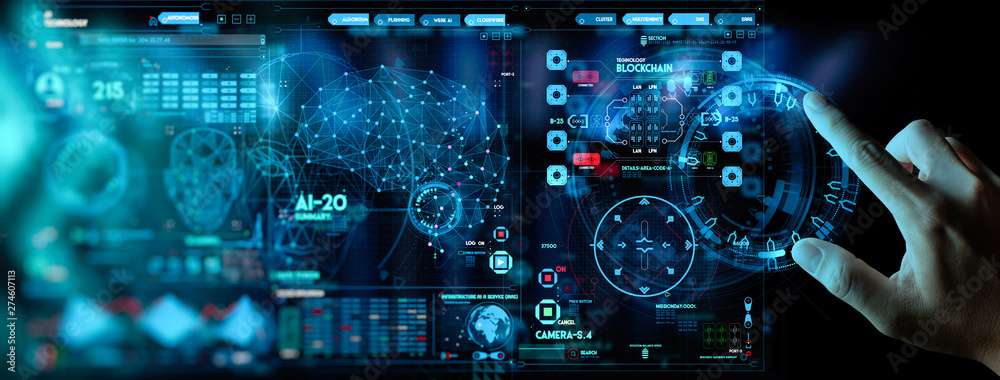 Poster Business hand working with cryptocurrency and Ai conputer interface.