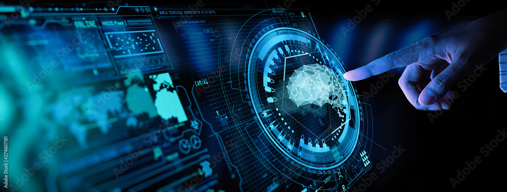 Poster Artificial intelligence (AI) with machine deep learning and data mining and another modern computer technologies UI by hand touching low poly icon.