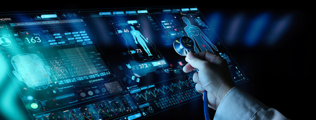Medicine doctor and stethoscope in hand touching Ui and icon future of medical technology.