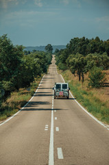Road with lonely car through rural landscape and trees