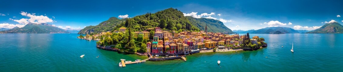 Aerial view of Varena old town on Lake Como with the mountains in the background, Italy, Europe - obrazy, fototapety, plakaty
