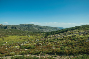 Lonely small house on green fields and rocky landscape