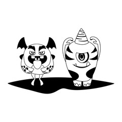funny monsters couple comic characters monochrome
