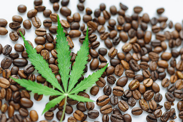 Coffee beans with marijuana leaves background top view.  Green cannabis leaf on coffee beans background with place for copy space