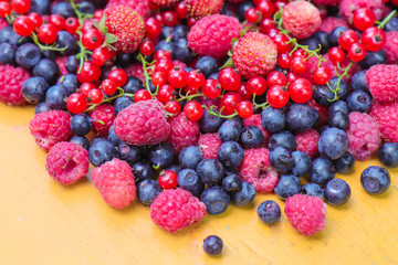 black berry red currant strawberry and raspberry berries freshly picked in the forest