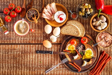 Fried bread with egg and bacon. Hearty meal. Vegetables and fried egg. Healthy breakfast.