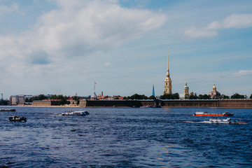 St. Petersburg, Russia - May 27, 2019. Peter and Paul Fortress overlooking the Neva River and the city of St. Petersburg.