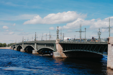Fototapeta na wymiar St. Petersburg, Russia - May 27, 2019. Trinity Bridge of the city of St. Petersburg close-up