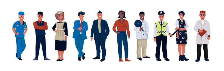 Characters of various occupations. Cartoon persons of different professions wearing professional uniform. Vector workers illustration set
