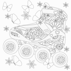 coloring with roller skates, flowers and butterflies