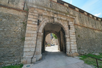 Gate entrance to medieval village Villefranche de Conflent, Pyrenees Orientales, Occitanie, France