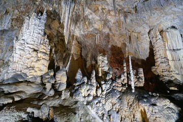 Stalactites and stalagmites in the cave of the Grandes Canalettes, France, Pyrenees-Orientales, Villefranche de Conflent