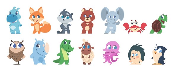 Baby animals. Cute cartoon characters, little funny wild and domestic animal children. Vector cartoons funny pets and forest fauna isolated set
