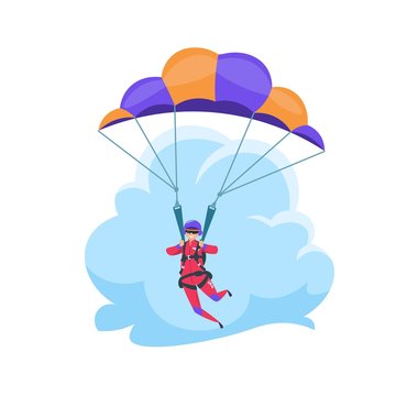 Cartoon skydiver. Parachuting extreme sport, falling flat character isolated on white. Vector parachutist leisurely flying in the sky