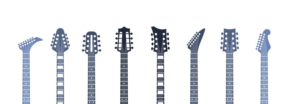 Guitars headstock. Flat acoustic and electric guitar necks and heads, minimal abstract template. Vector minimalism isolated illustration object set