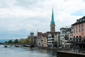 Fototapeta premium Switzerland, Zurich - May 10, 2019: View of historic buildings in Zurich, Switzerland