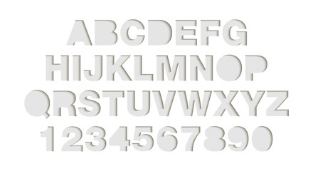 Vector craft paper cut white shapes font. Paper art style alphabet and numbers, typography ABC letters design. 3d characters isolated, origami typeface for logo. Cut out by scissors from paper.