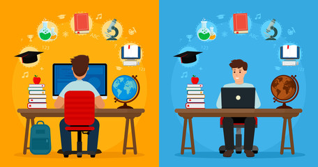 Two Student sitting at desk front and back view in online learning process. School homework. Surfing internet. Concepts of education and e-learning. Vector illustration. Flat design.