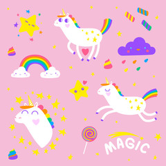 Cute magical unicorns with clouds, stars, candies and rainbows. Adorable set on the pink background