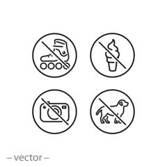 prohibition signs, no ice cream, no camera, no dog, no roller skate, forbiddens icons set, line symbols on white background - editable stroke vector illustration eps10