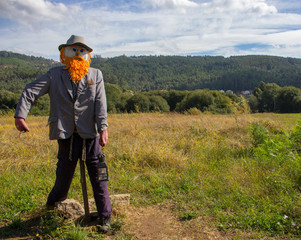 Funny scarecrow in the field. Scarecrow with red beard and hat and lamp. Harvest protection and security concept. Rural landscape. Farm guard. Outdoor security doll in meadow. 