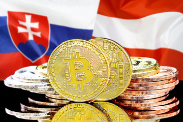 Concept for investors in cryptocurrency and Blockchain technology in the Slovakia and Austria. Bitcoins on the background of the flag Slovakia and Austria.
