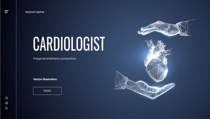 Heart in hand.Polygonal wireframe composition. Concept for organ donor or organ transplantation. Abstract isolated on dark blue background. Particles are connected in a geometric silhouette.