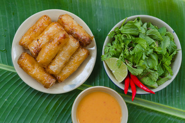 Vietnamese fried spring rolls with fresh vegetable and peanut sauce