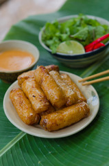 Vietnamese fried spring rolls with fresh vegetable and peanut sauce