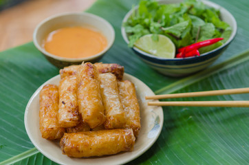 Vietnamese fried spring rolls with fresh vegetable and peanut sauce