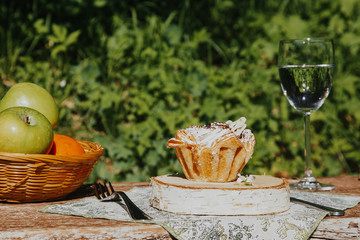 Rustic decor. Forest trees on the background.