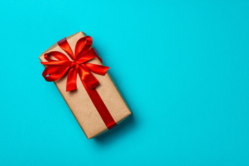 Gift concept on blue background with space for text. Father's Day, Mother's Day and Valentine's Day.