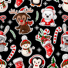 Seamless pattern with cute baby animals on Christmas wear. Vector.