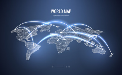 World map isometric. Polygonal wireframe composition. Air travel concept. Abstract illustration isolated on blue background. Particles are connected in a geometric silhouette.