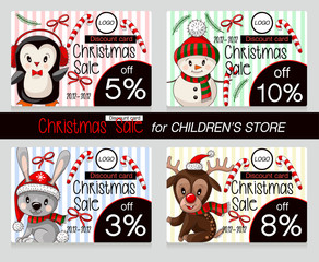 Design discount card with cute baby animals on Christmas wear. Vector