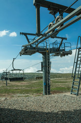 Chairlift towers and cables over hilly landscape